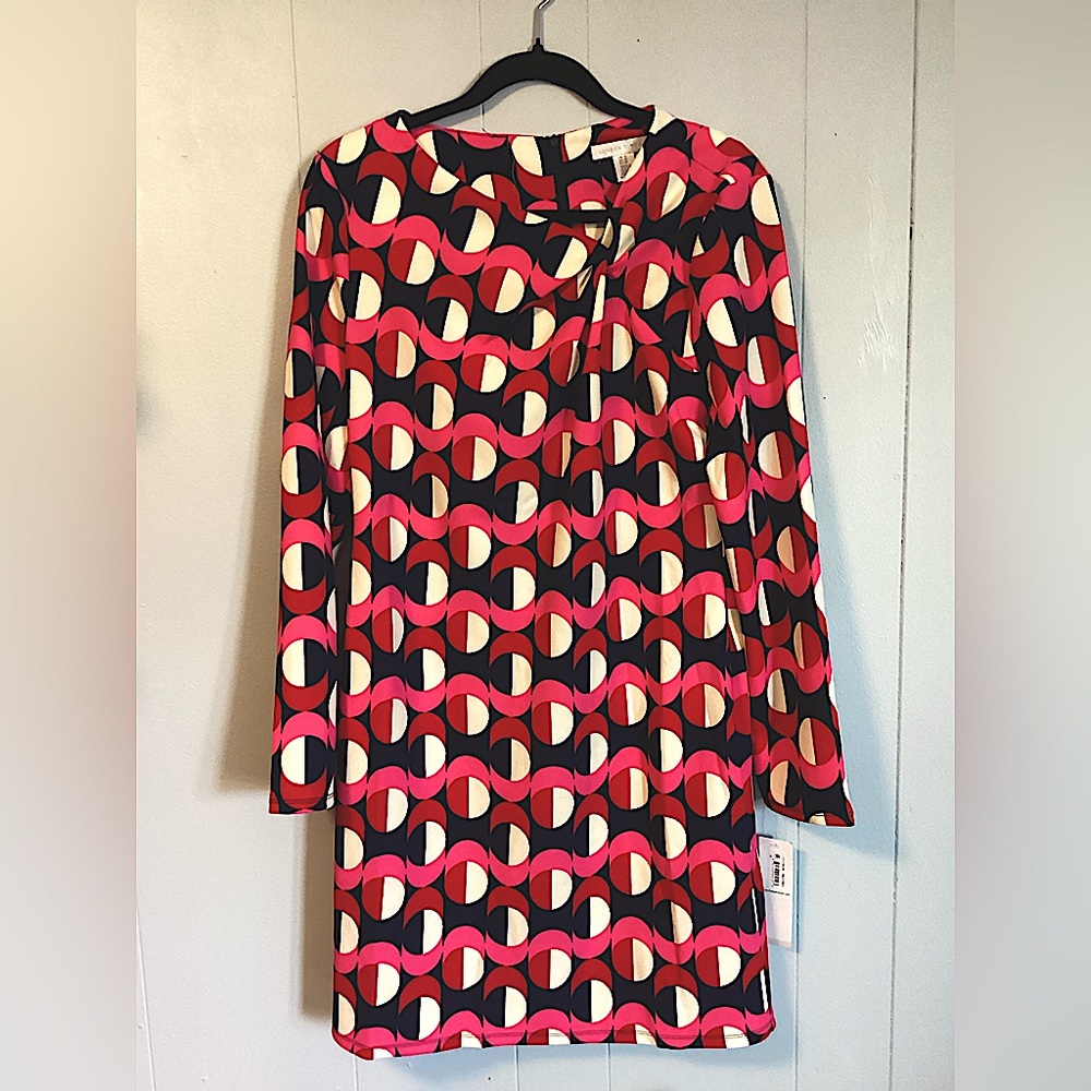 NWT London Times Twist Neck Geo Print Long sleeve Shift Dress Size 12 - Picture 6 of 12